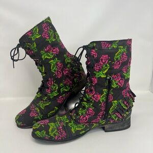 Betsey Johnson Black Lace-Up Boots with Pink and Green Floral Pattern